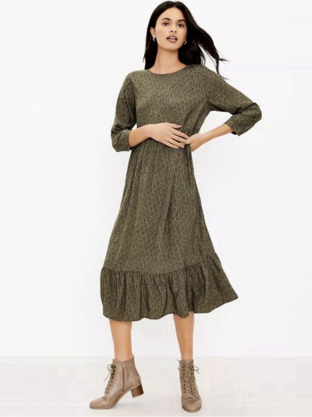 LOFT Olive Green Midi Dress with Ruffle Hem